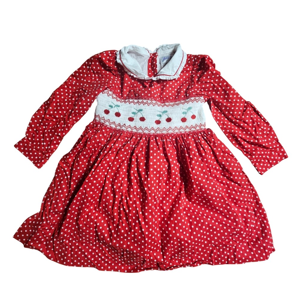 Rachel Riley Polka Dot Smocked‎ Cherry Dress Peter Pan Collar 3Y Cottage 90s Y2K